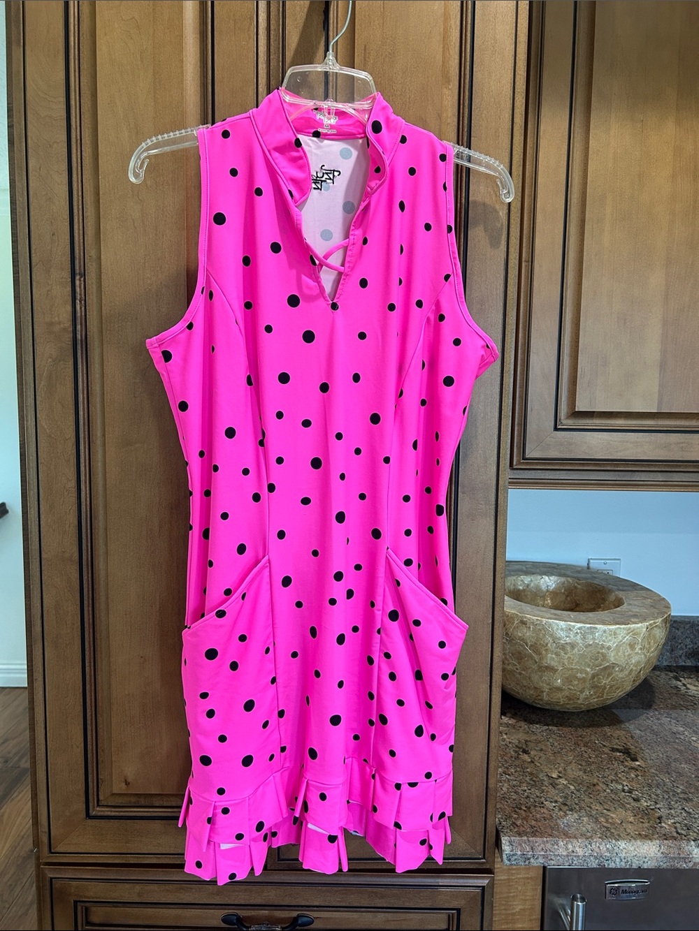 Tzu Tzu Hot Pink Sleeveless golf/tennis Mini Dress with Black Polka Dots